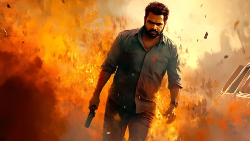 Action hero strides through fireball with dynamic motion blur