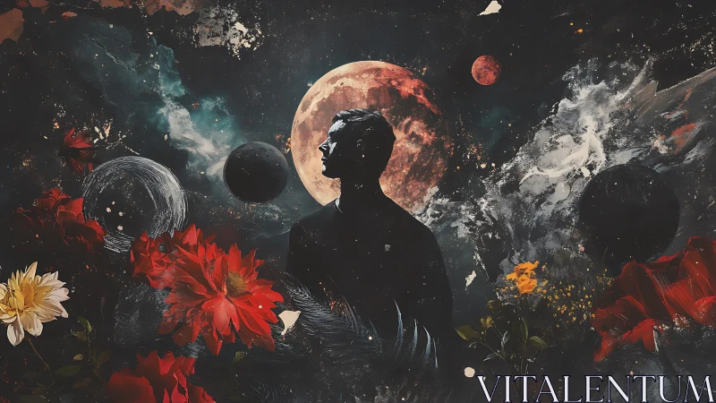 Silhouetted figure stands before moon amid cosmic flowers