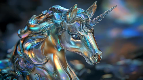 Rendered glass unicorn bust exhibits iridescent surface detail