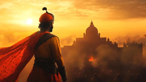 Warrior overlooks fortified palace in hazy orange sunset