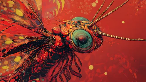 Abstract insect portrait on vivid red background.