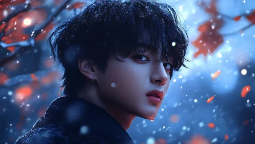 Snowlit youth portrait under blue dusk bokeh glow.