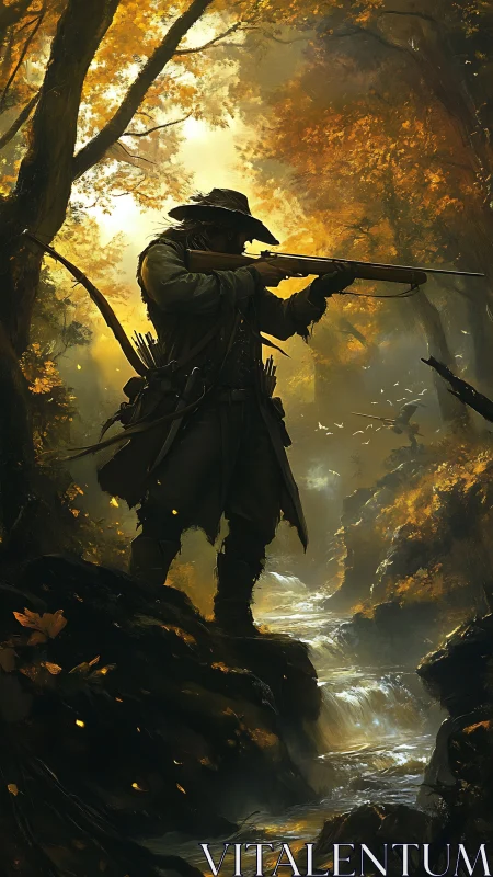 Lone ranger steadies his rifle above a glowing forest stream