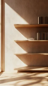 Sunlit wooden shelves holding quiet, well loved books.