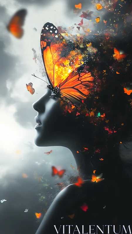Surreal woman’s profile dissolves into glowing butterflies.