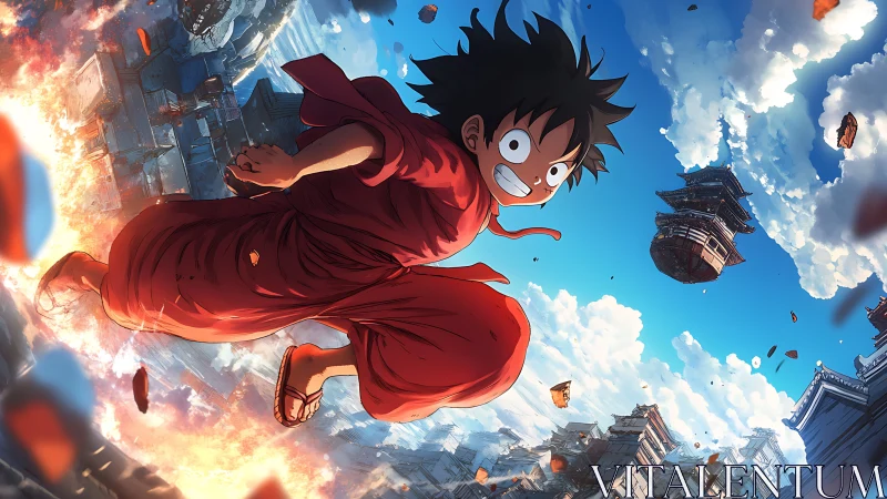 Anime figure traverses fragmented city in dynamic low angle