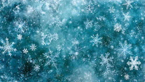 Detailed white snowflakes scattered on blue icy background.