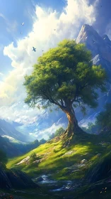 Solitary mountain tree rises above sunlit alpine valley