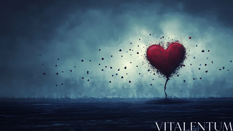 Red Heart-Shaped Tree Disintegrating in Moody Architectural Landscape