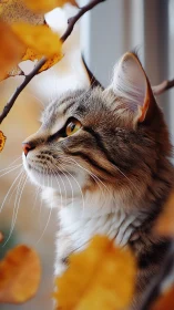 Contemplative Cat Gazes at Golden Autumn Leaves.