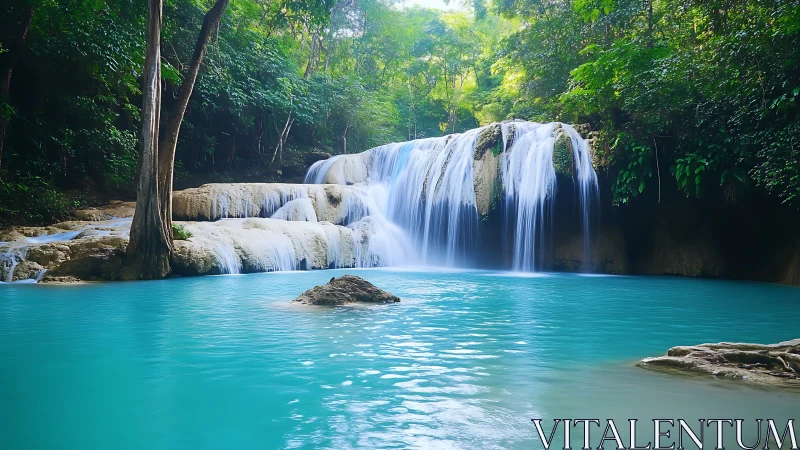 Turquoise jungle waterfall whispers over sleeping stone