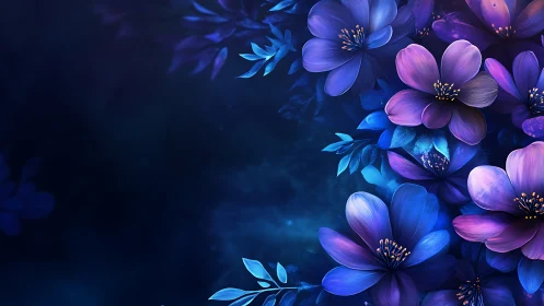 Luminous Digital Floral Composition with Radial Blue-Purple Gradient