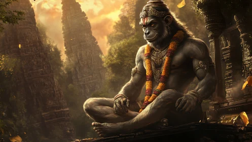 Divine monkey warrior meditates amid ancient jungle temples.
