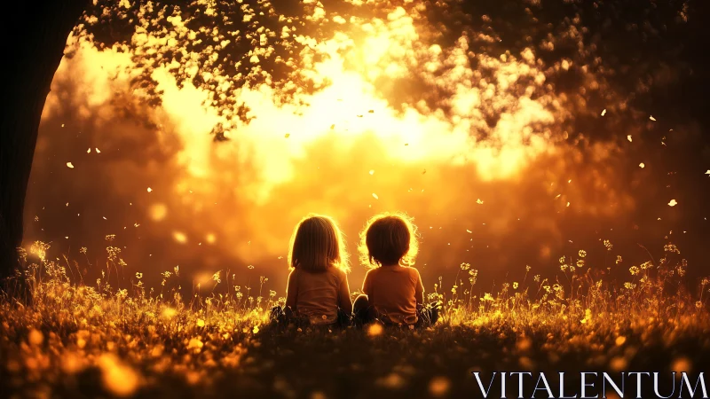 Backlit children in golden hour meadow under volumetric light.