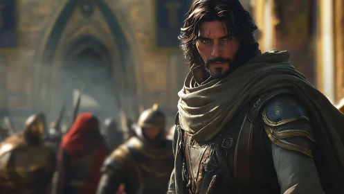 Battle-scarred ranger stands vigilant amid tense medieval siege