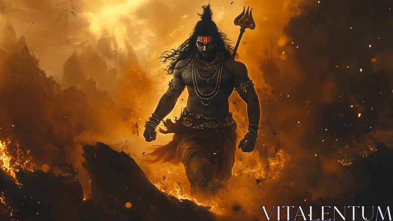 Warrior deity strides through molten inferno in amber haze.