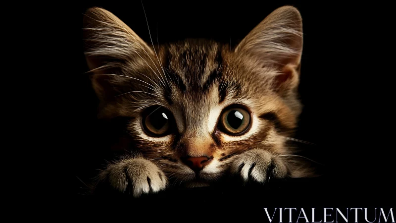 Tabby Kitten with Wide Eyes Against Black Background