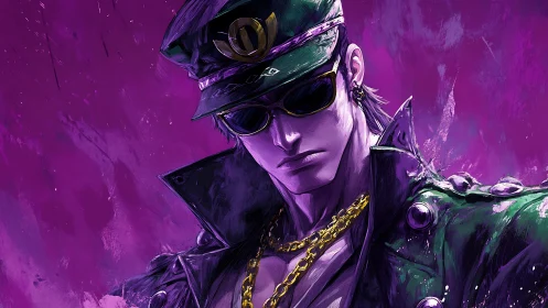 Stylized anime antihero in leather jacket against violet field