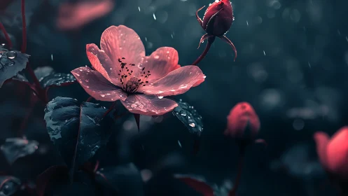 Translucent Rose Petals with Atmospheric Bokeh in Cinematic Rain.