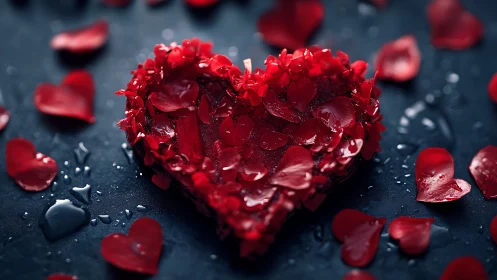 Heart-shaped object made from red petals with scattered smaller hearts