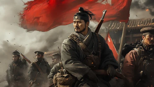 Militarized warrior unit advances under red banners in smoky battlefield