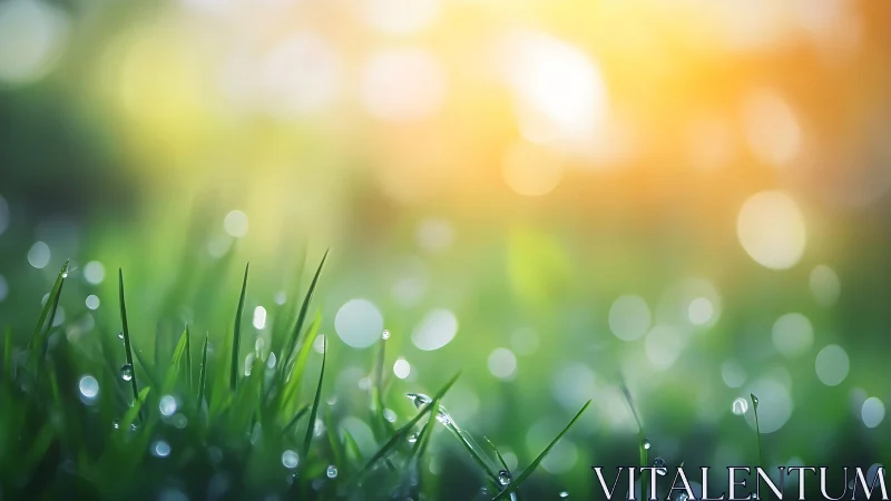 Dawnlit dew blades basking beneath a soft bokeh sunrise.