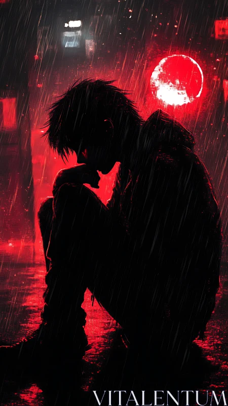 Rain-soaked neon loner beneath a glitching blood moon.