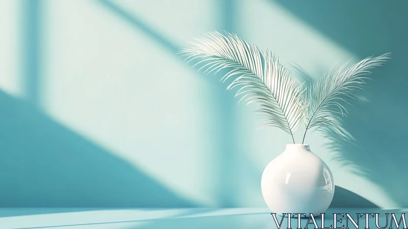 Minimalist white vase with palm leaves in soft teal light.