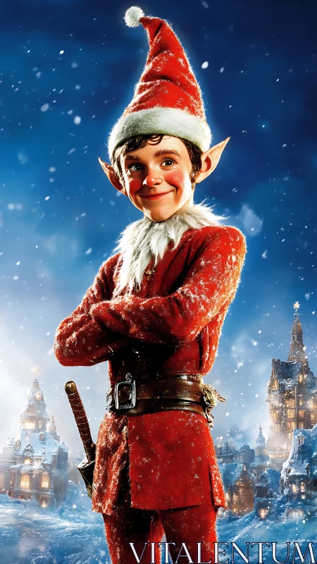 Confident Christmas elf in snowy village under cinematic lighting