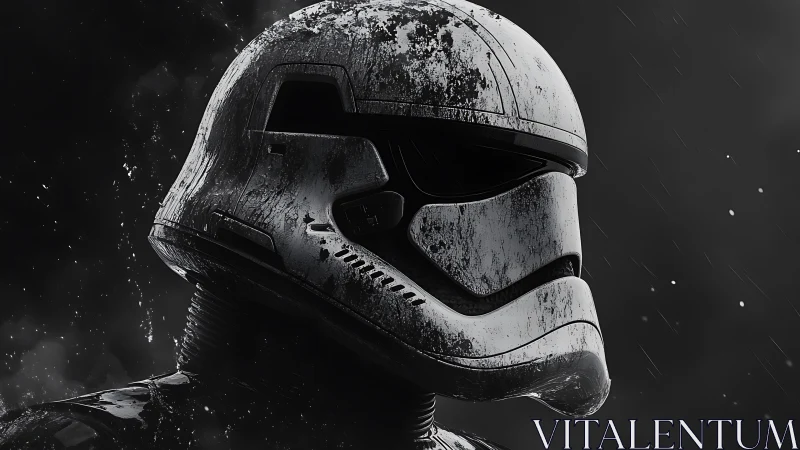 Weathered sci-fi helmet is rendered in profile under rainfall