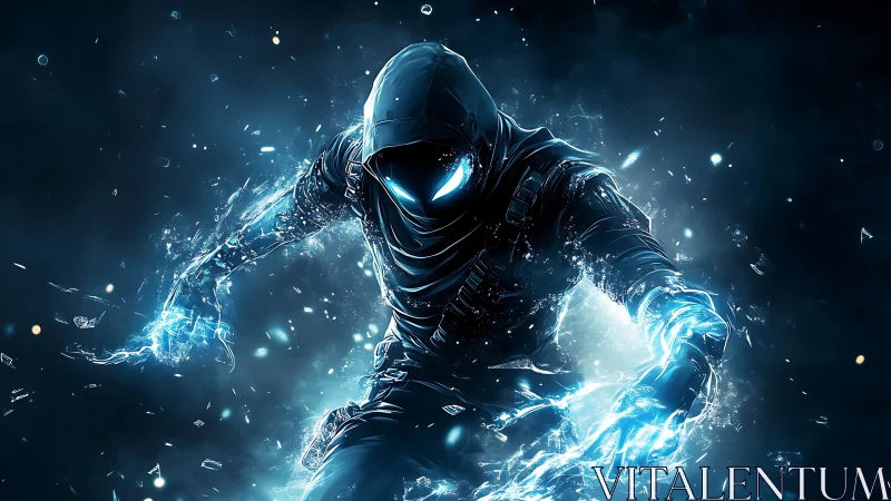 Hooded humanoid figure with blue electric energy aura present.