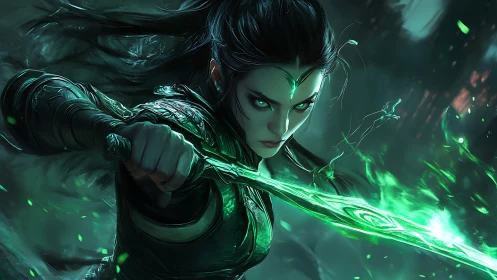 Fierce elven warrior charges forward with a blazing green blade