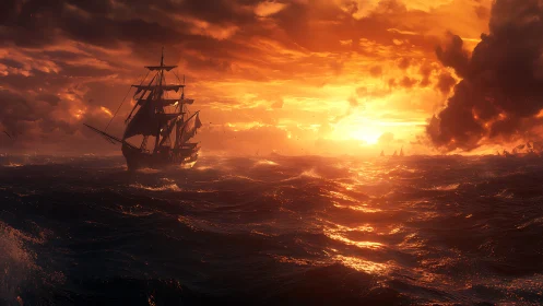 Sailing ship crosses stormlit ocean under blazing sunset sky