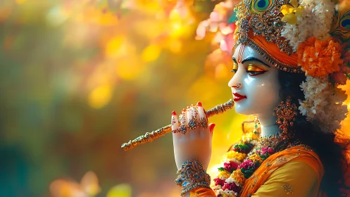Divine flute player idol in vivid bokeh-lit devotional portrait