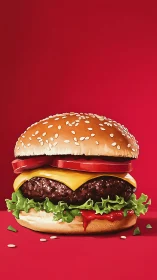 Rendered cheeseburger stands centered against uniform red background