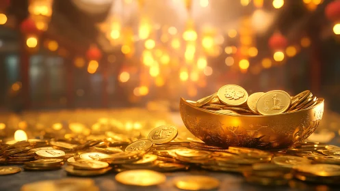 Golden coins spill into a glowing festive bowl of prosperity