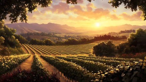 Sunlit vineyard rows extend toward distant rolling hills