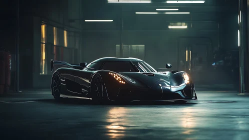 Low black hypercar sits centered in dim industrial garage