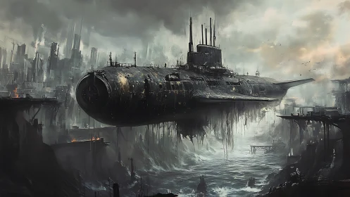Weathered sky-ship drifting above a ruined coastal city.