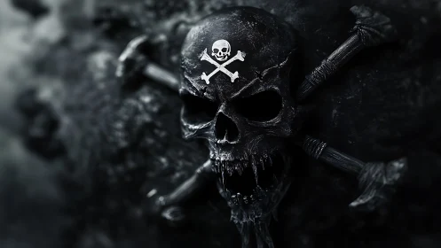 Storm-forged pirate skull emblem on shadow-soaked rock wall.