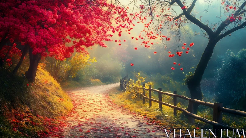 Autumn forest path curves through luminous mist and scarlet foliage