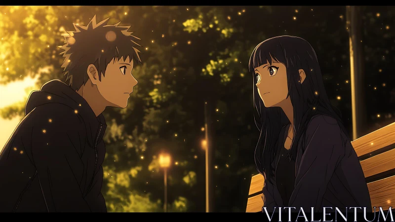 Two anime teens sharing a quiet evening bench moment.