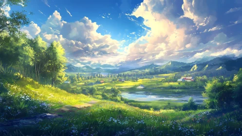 Sunlit valley meadow opening onto bright blue summer skies.