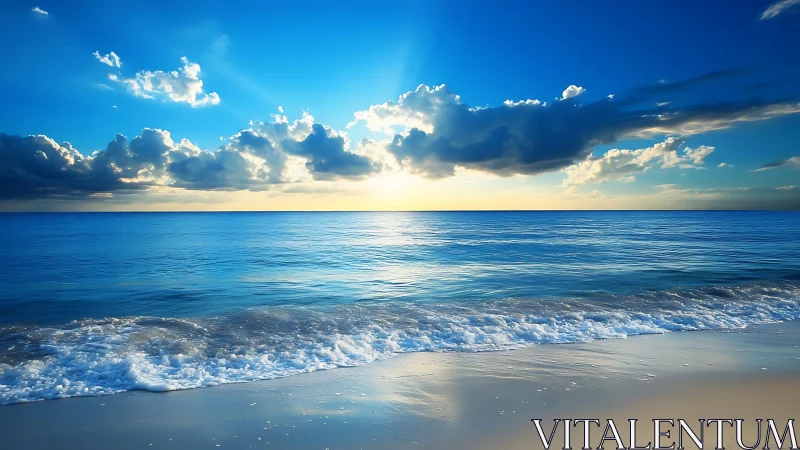 Sunlit ocean horizon glows beneath dramatic blue clouds.