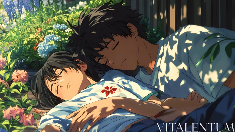 Two anime characters sleep in sunlight beside blooming flowers