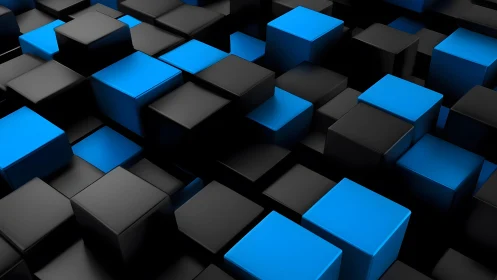 Bold blue and black cubes rise in a calm geometric rhythm