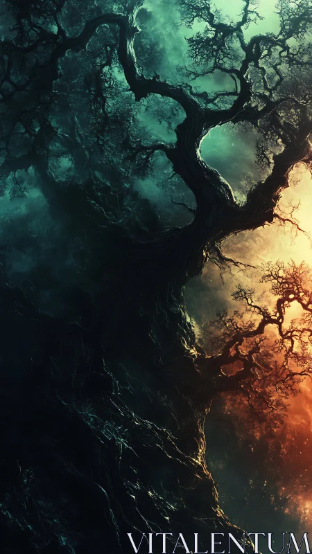 Twisted world tree divides teal shadow and burning dawn.