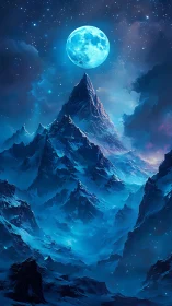 Luminous moon crowns a towering frozen mountain range.
