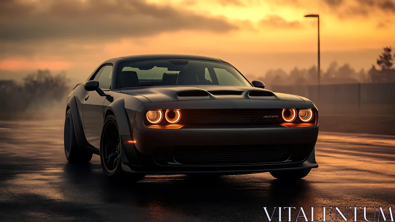 Twilight muscle car prowl with glowing predator headlights.