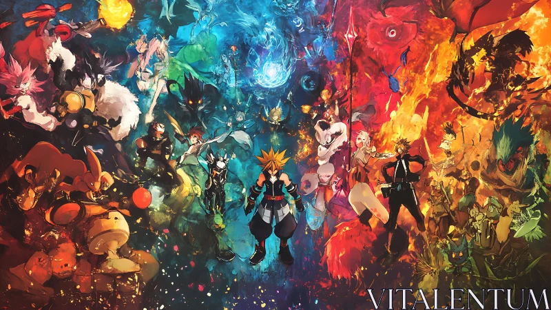 Central anime hero stands amid split elemental battle panorama